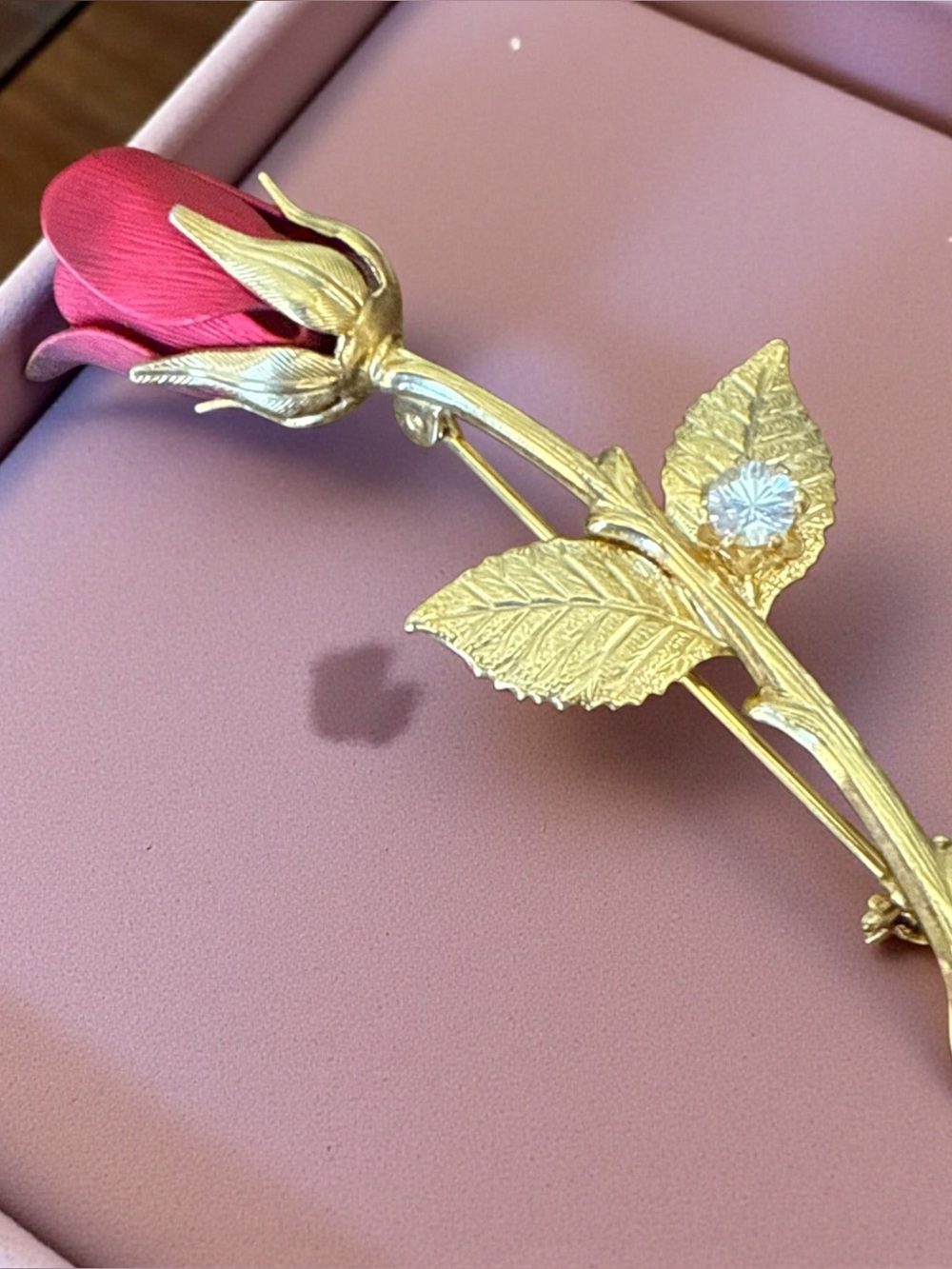 Vintage Mid-Century Gold Tone Red Rose Bud Brooch Pin Crystal Accent